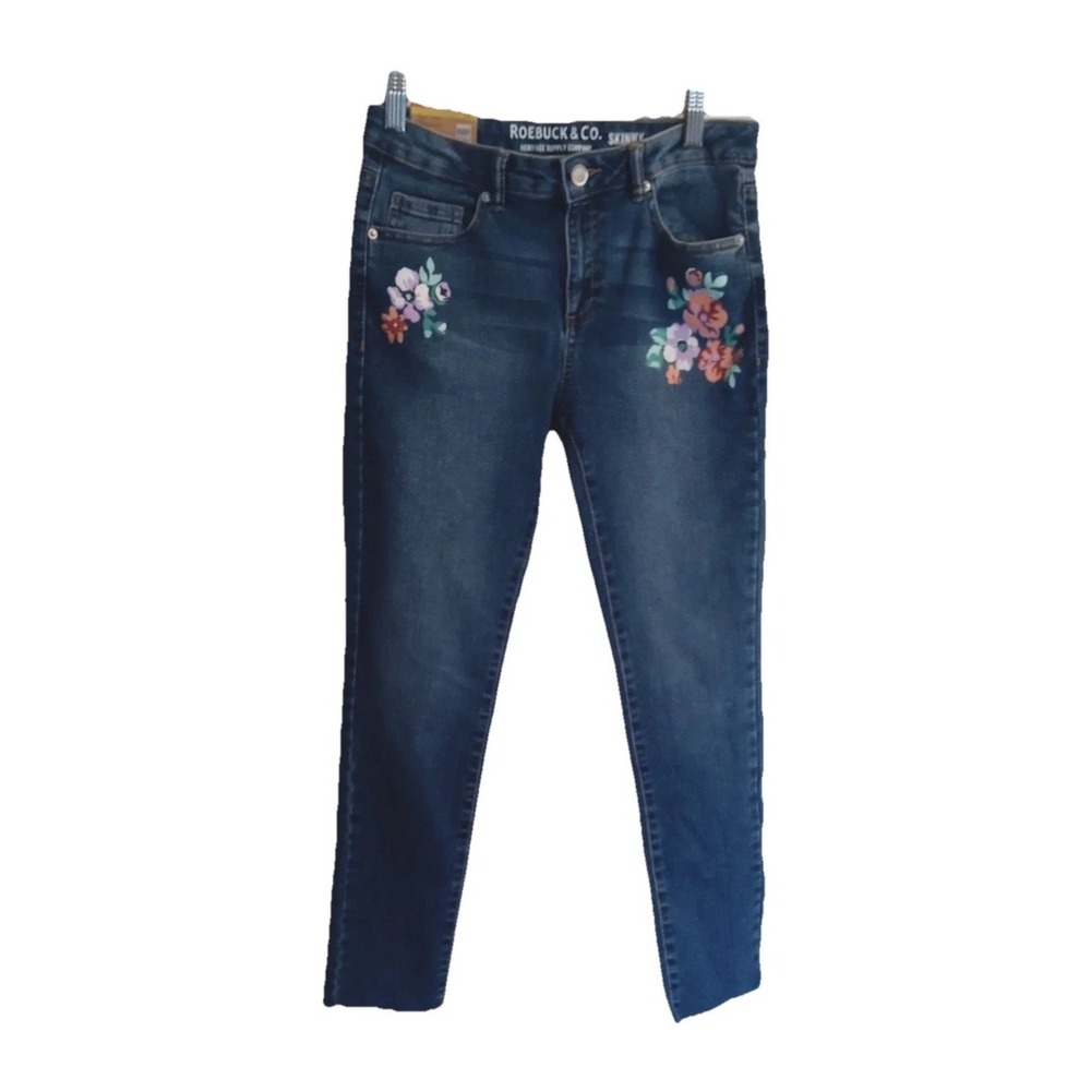 NWT Girls Roebuck Skinny Low-rise Slim Leg Denim Jeans Flowers L/G (14)